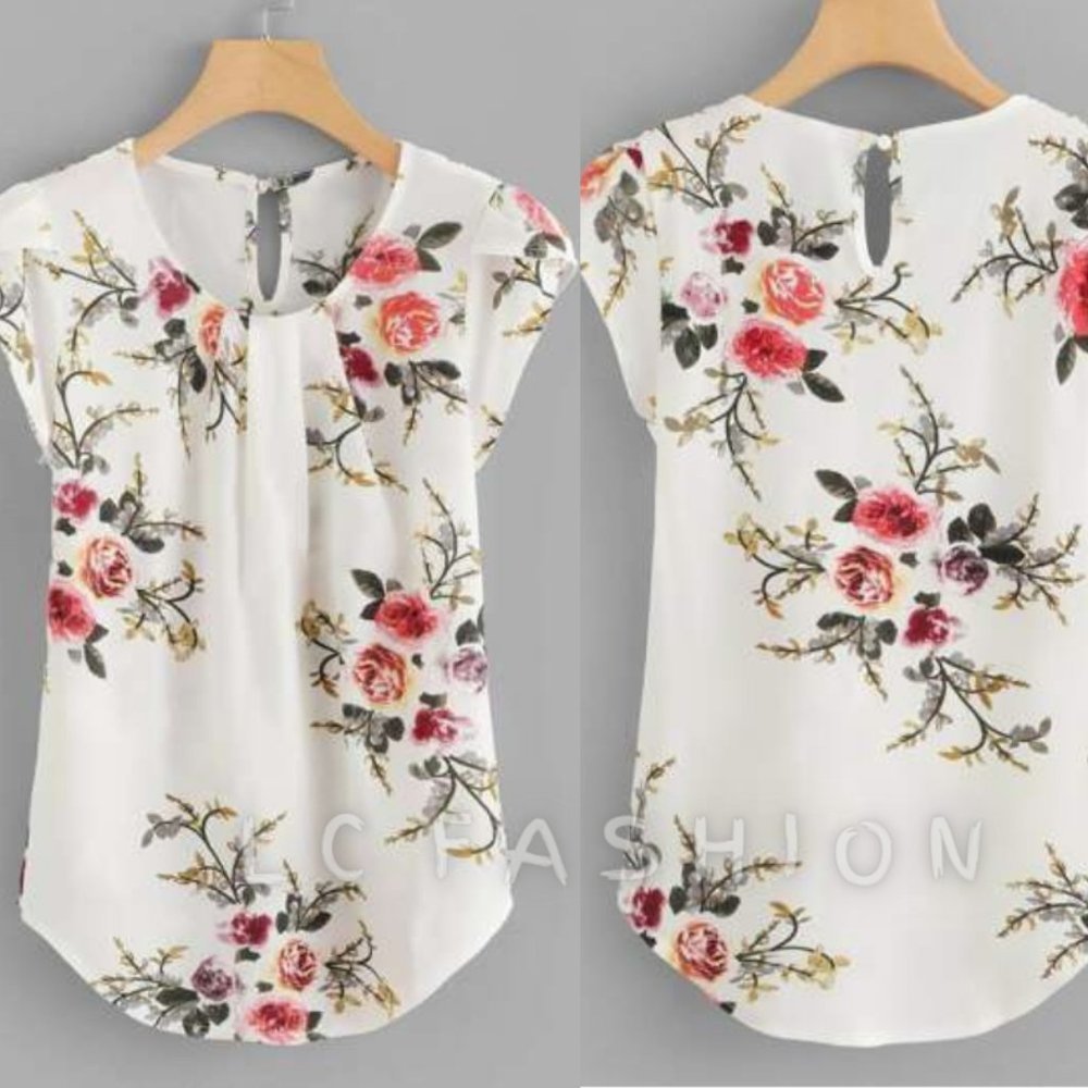 Boho Floral Top, Floral Print Pleated Cap Sleeve Curved Hem Shirt, Summer top